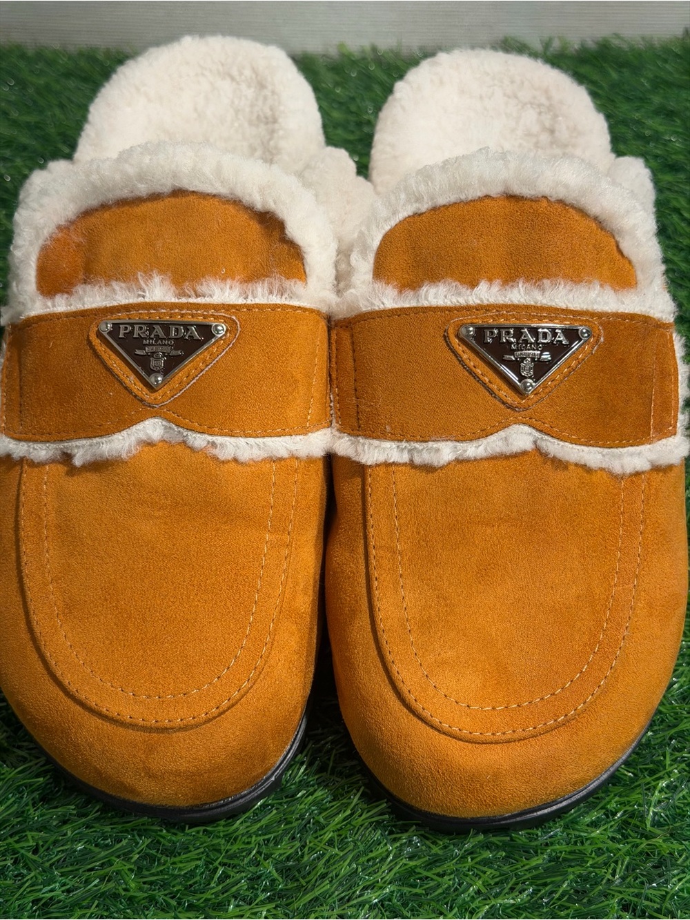 Prada Kids Orange Shearling-Lined Slip-On Shoes